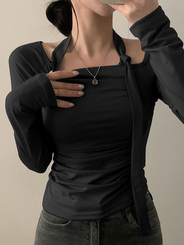 ASYMMETRICAL LONG-SLEEVED TOP WITH HALTER NECK TIE RUFFLE