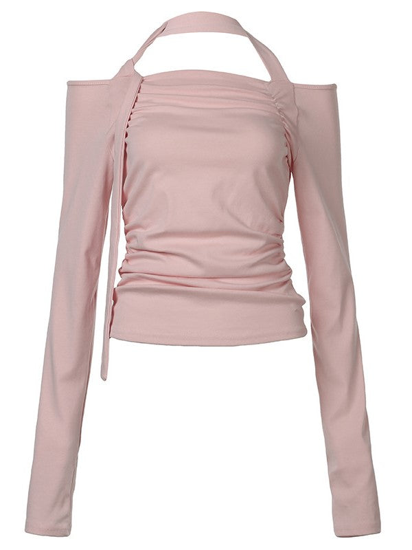 ASYMMETRICAL LONG-SLEEVED TOP WITH HALTER NECK TIE RUFFLE
