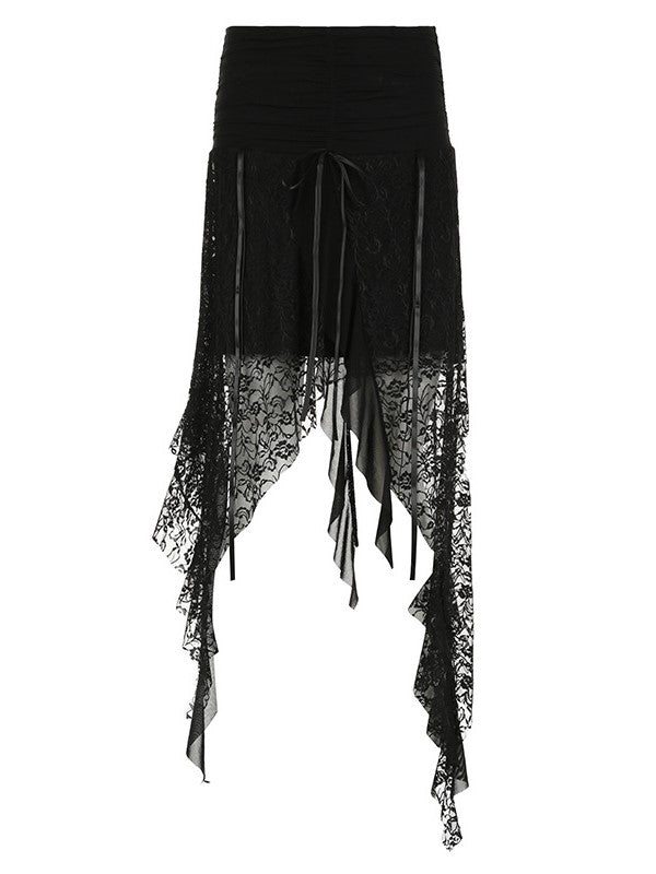 ASYMMETRICAL MIDI SKIRT WITH LACE PATCHWORK AND IRREGULAR HEM