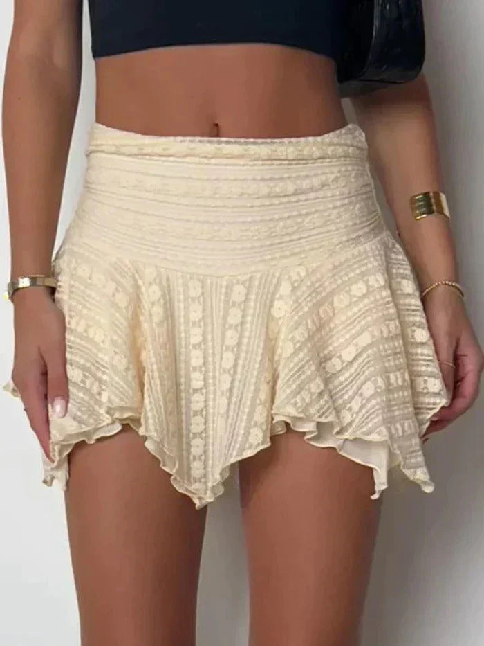 ASYMMETRICAL MINI SKIRT WITH LACE PATTERN AND IRREGULAR MUSHROOM HEM