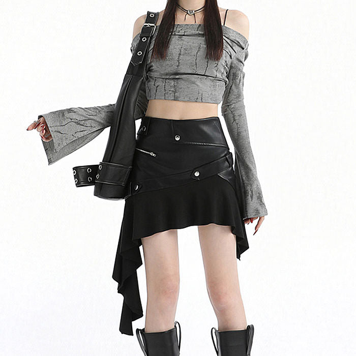 ASYMMETRICAL VEGAN LEATHER SKIRT WAIST APPROXIMATELY 25 INCHES