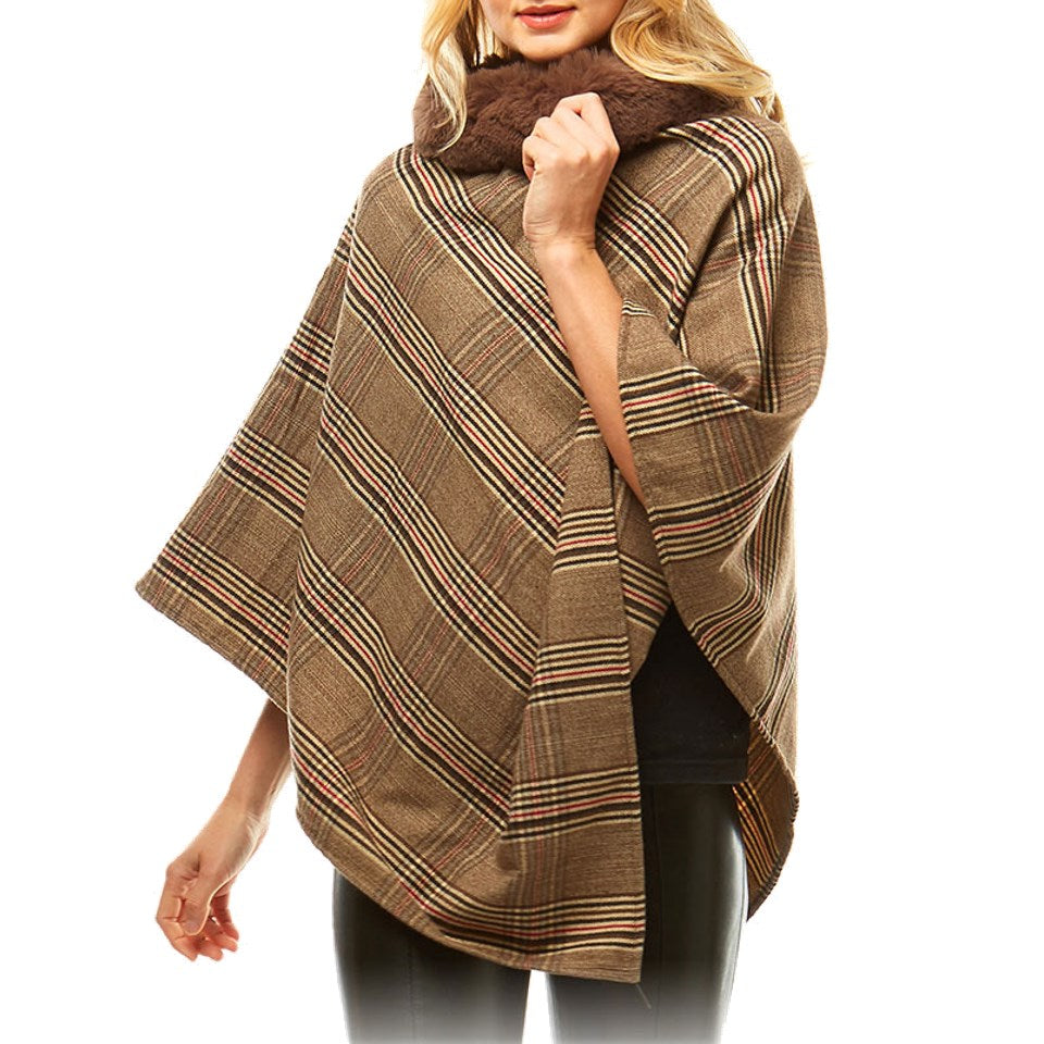 Aubrie Cozy Warm Plaid Checkered Super Sofy Faux Fur Collar Poncho