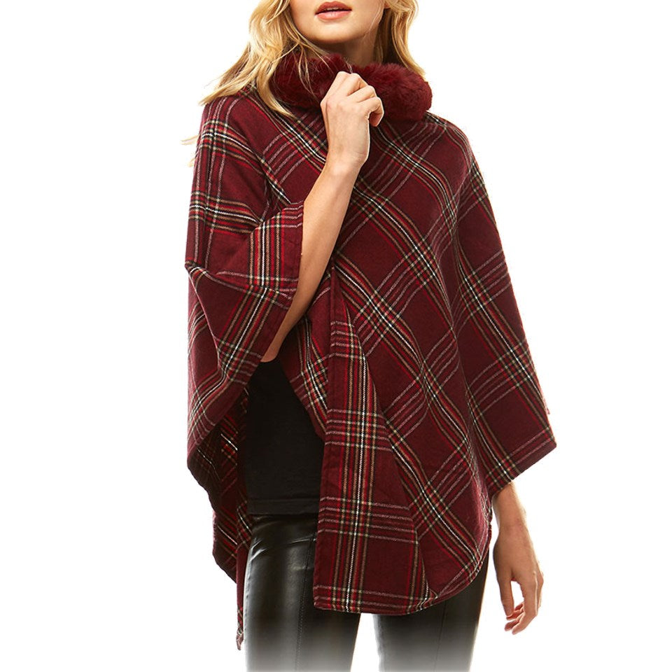 Aubrie Cozy Warm Plaid Checkered Super Sofy Faux Fur Collar Poncho