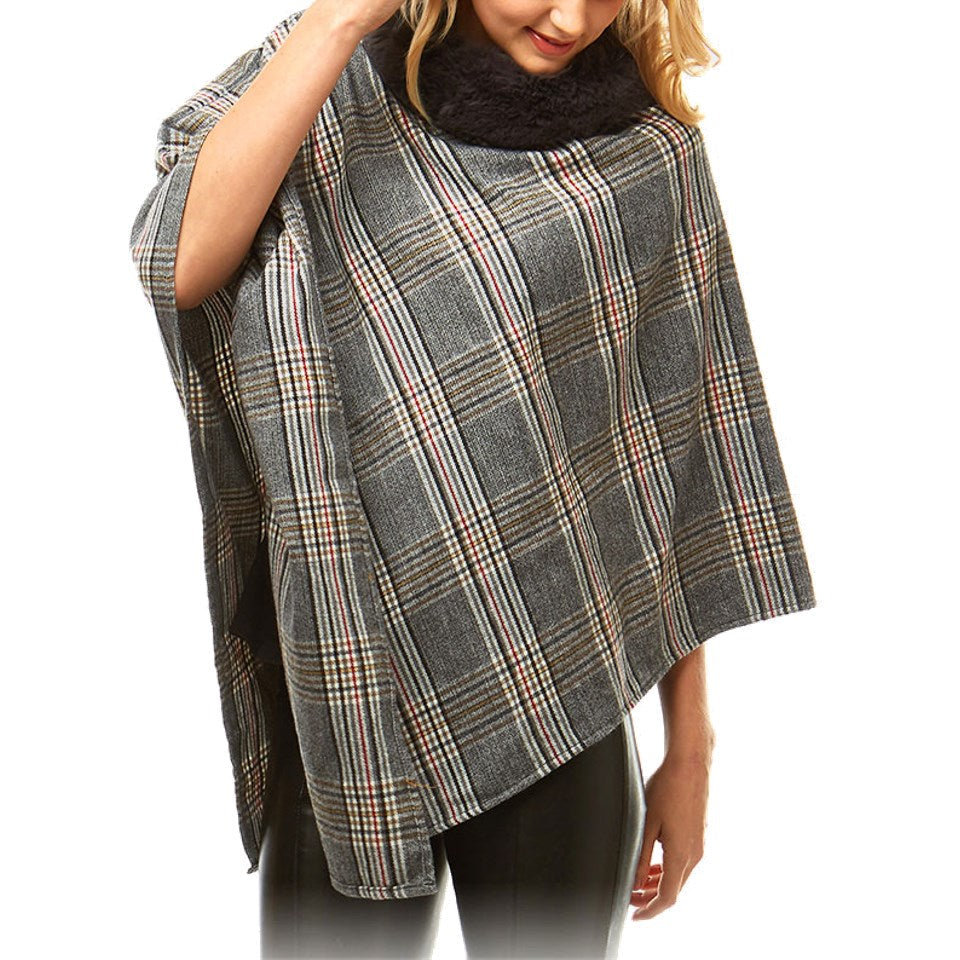 Aubrie Cozy Warm Plaid Checkered Super Sofy Faux Fur Collar Poncho