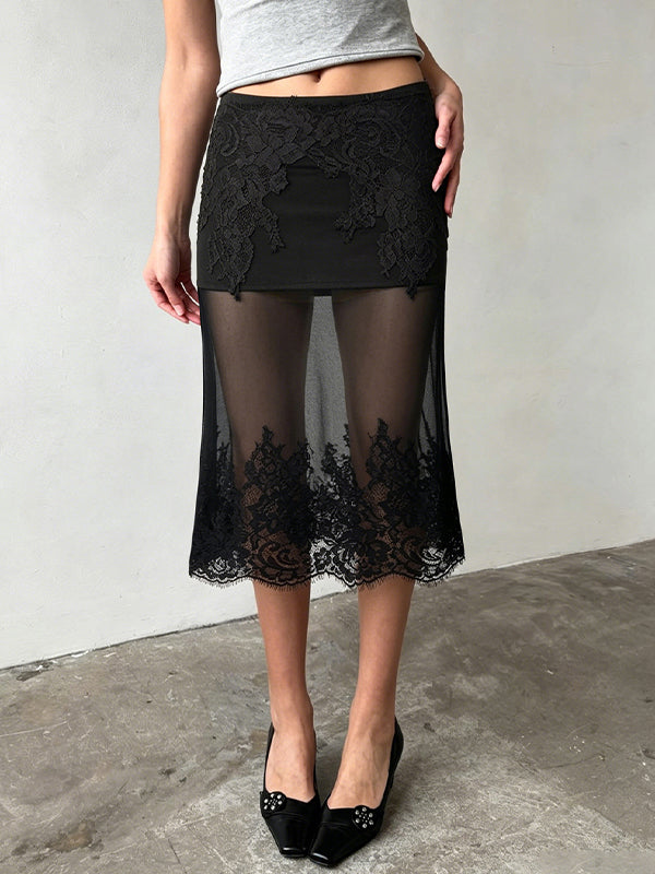 Lace Sheer Tulle Maxi Skirt