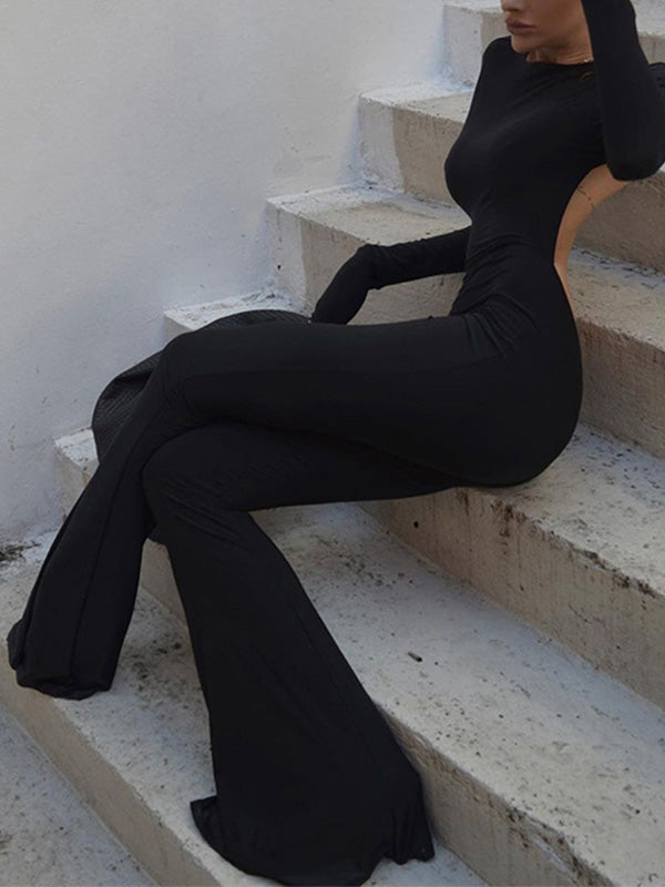 BACKLESS BLACK JUMPSUIT WITH BAG - SLIM FIT LONG SLEEVE DESIGN
