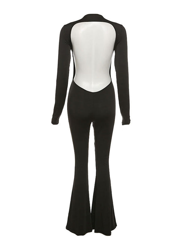 BACKLESS BLACK JUMPSUIT WITH BAG - SLIM FIT LONG SLEEVE DESIGN