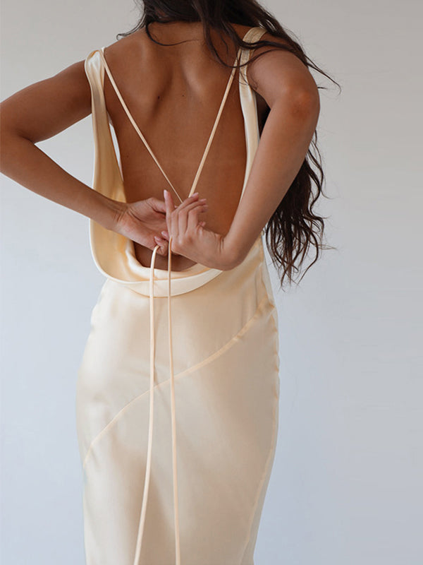 BACKLESS DRESS WITH LUXURIOUS SATIN WATERFALL NECKLINE