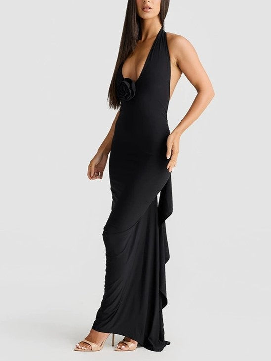 BACKLESS RED GOWN WITH DELICATE FLORAL EMBELLISHMENTS