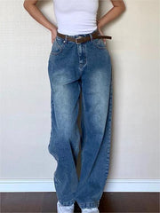 BAGGY BLUE JEANS WITH BROWN BELT BOYFRIEND CUT JEANS