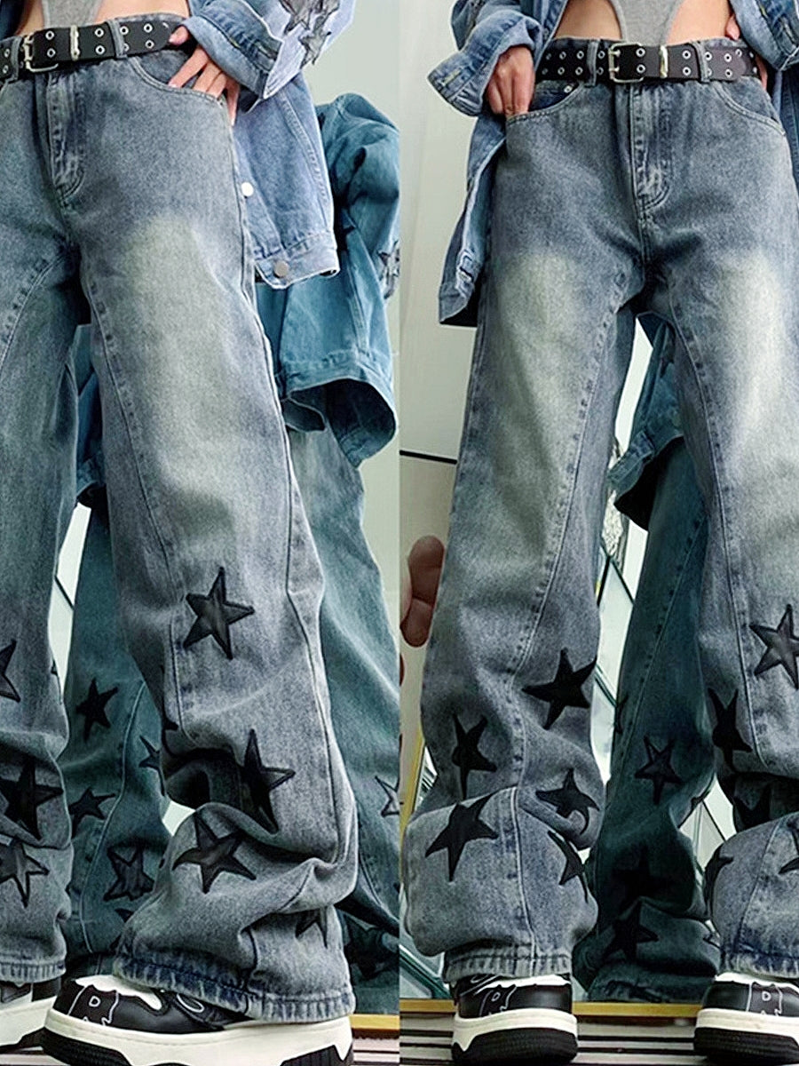 BAGGY BOYFRIEND JEANS WITH STAR PATTERN - Y2K COTTON BLEND STYLE