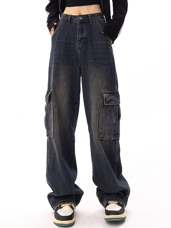 BAGGY CARGO JEANS WITH HIGH WAIST AND STRAIGHT LEG DESIGN
