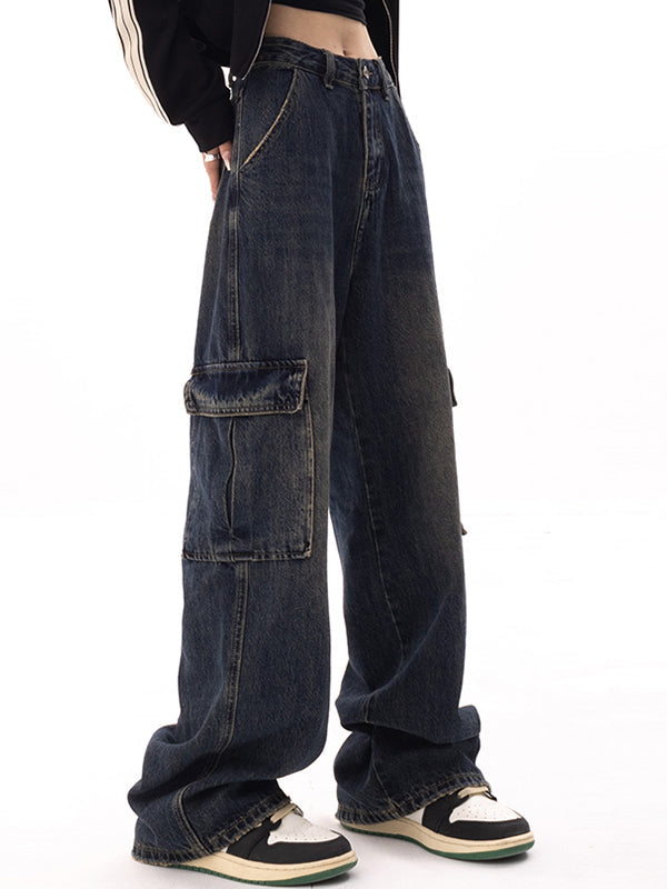 BAGGY CARGO JEANS WITH HIGH WAIST AND STRAIGHT LEG DESIGN