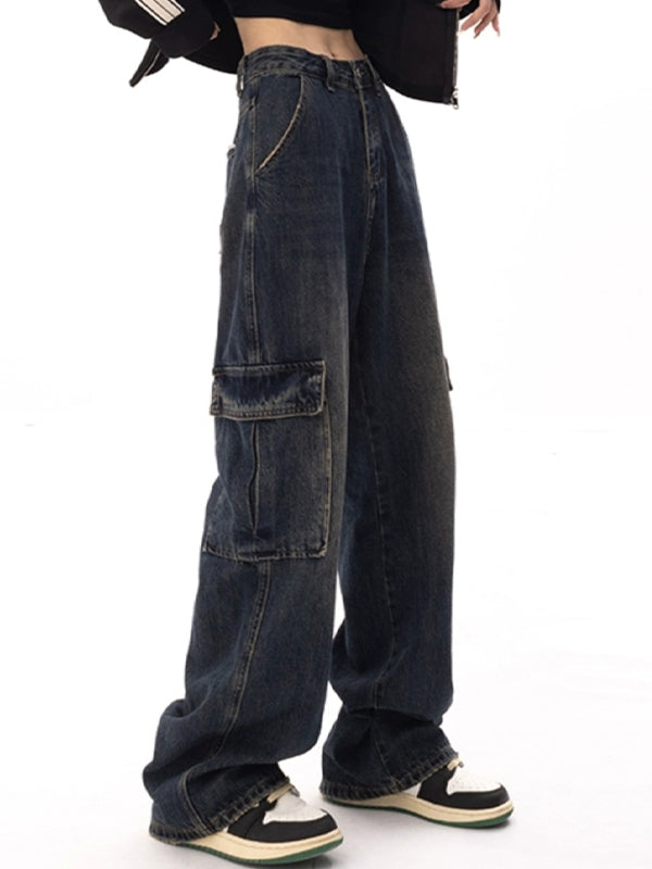 BAGGY CARGO JEANS WITH HIGH WAIST AND STRAIGHT LEG DESIGN
