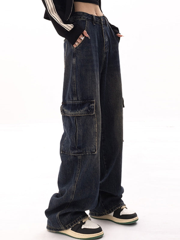 BAGGY CARGO JEANS WITH HIGH WAIST AND STRAIGHT LEG DESIGN