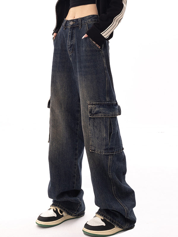 BAGGY CARGO JEANS WITH HIGH WAIST AND STRAIGHT LEG DESIGN