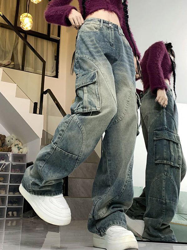 BAGGY DISTRESSED DENIM CARGO PANTS WITH MULTI POCKETS SPLICE