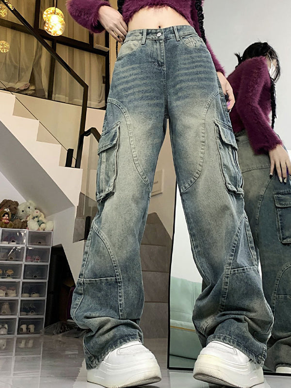 BAGGY DISTRESSED DENIM CARGO PANTS WITH MULTI POCKETS SPLICE