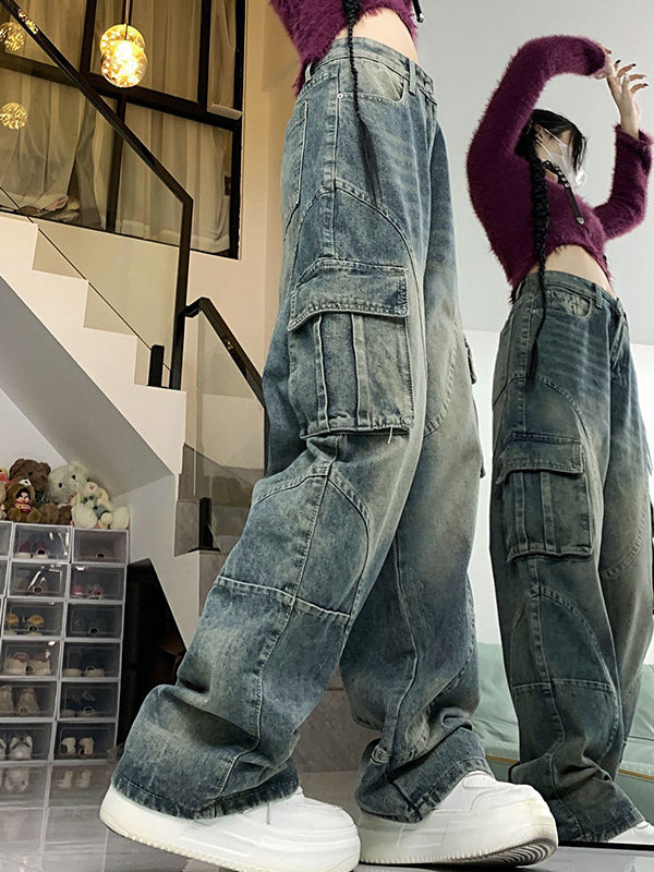 BAGGY DISTRESSED DENIM CARGO PANTS WITH MULTI POCKETS SPLICE