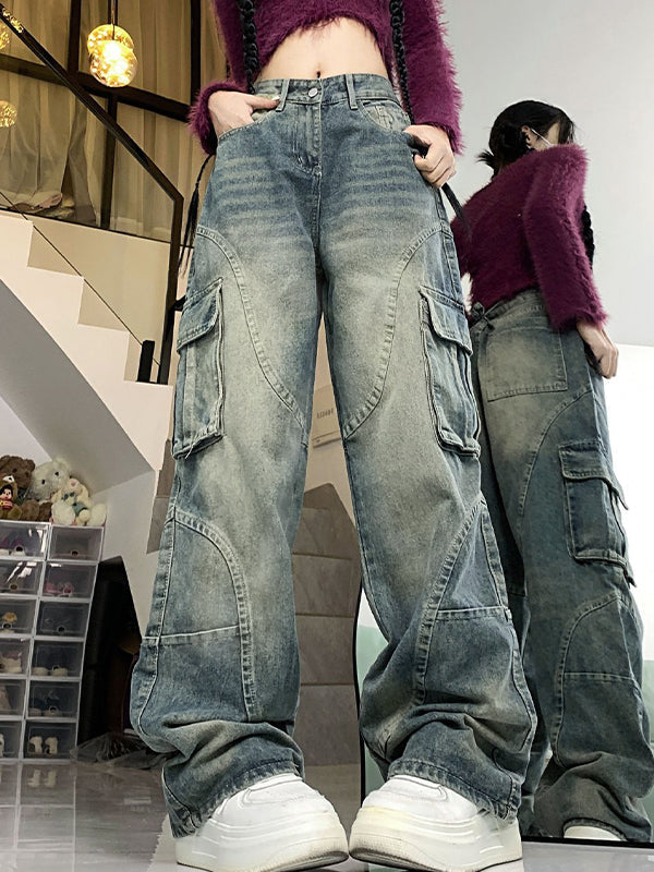 BAGGY DISTRESSED DENIM CARGO PANTS WITH MULTI POCKETS SPLICE