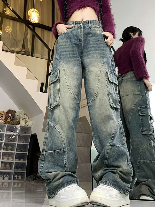 BAGGY DISTRESSED DENIM CARGO PANTS WITH MULTI POCKETS SPLICE
