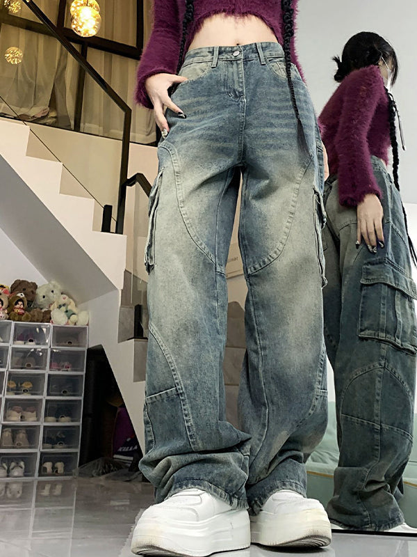 BAGGY DISTRESSED DENIM CARGO PANTS WITH MULTI POCKETS SPLICE