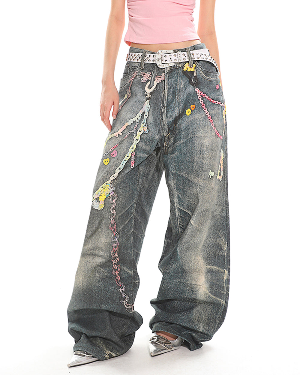 BAGGY JEANS WITH ALL-OVER CHAIN PRINT FOR A CLASSIC WASHED LOOK
