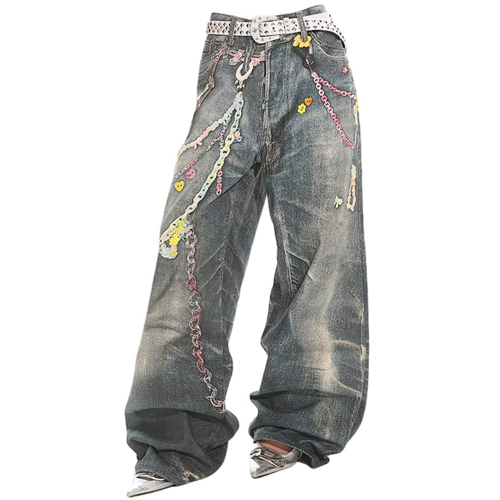 BAGGY JEANS WITH ALL-OVER CHAIN PRINT FOR A CLASSIC WASHED LOOK