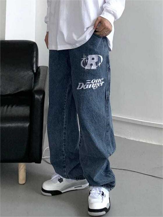 BAGGY JEANS WITH BOLD LETTER PRINTS - STRAIGHT LEG STYLE