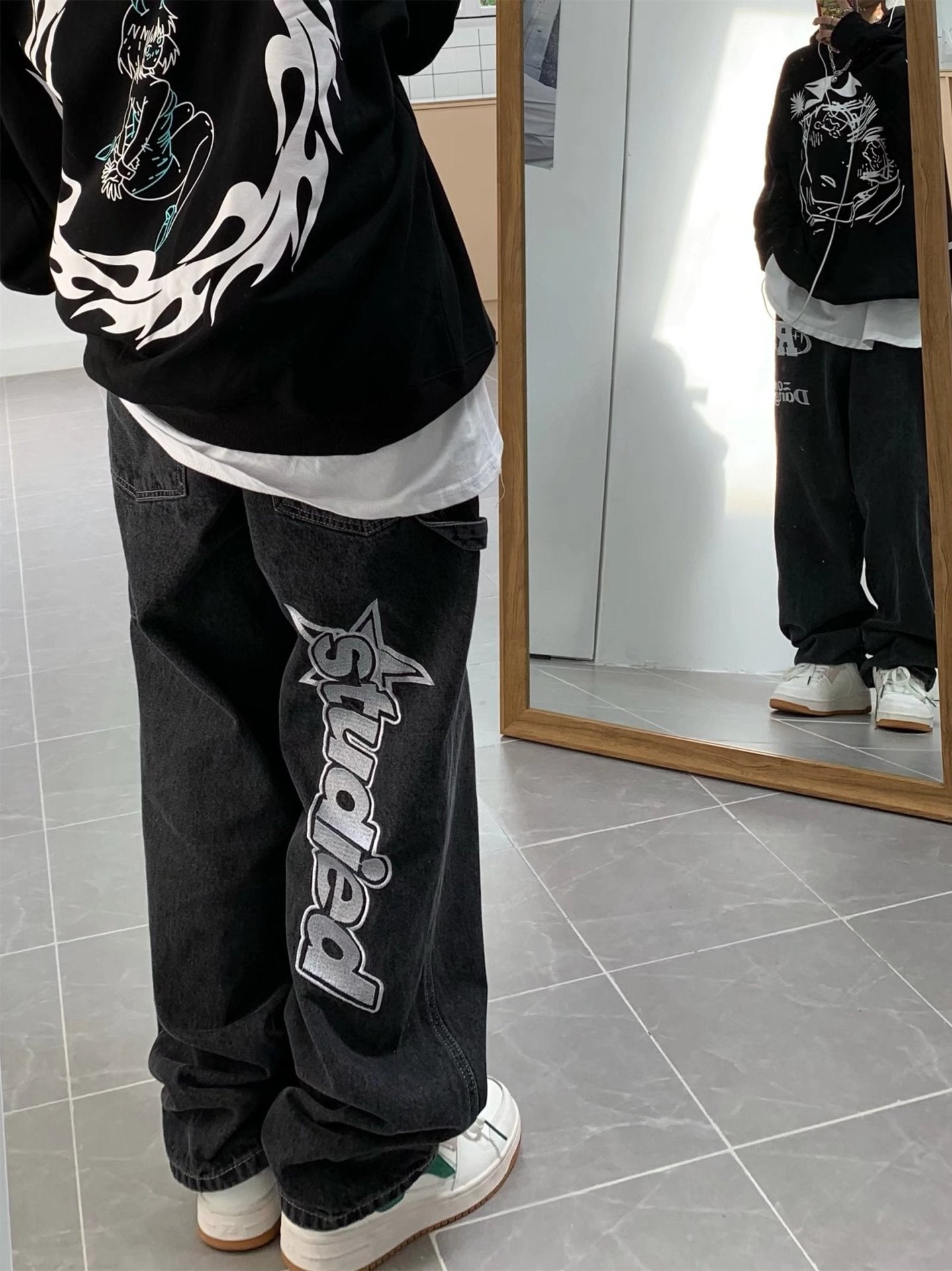 BAGGY JEANS WITH BOLD LETTER PRINTS - STRAIGHT LEG STYLE