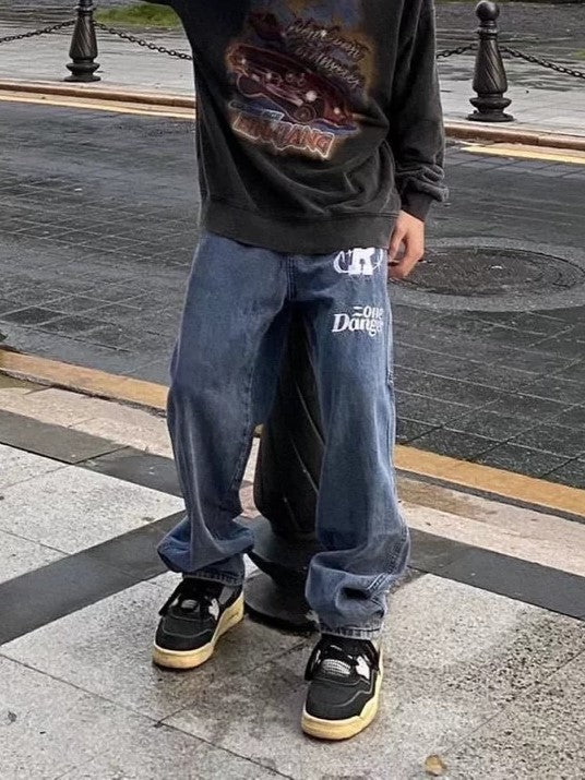 BAGGY JEANS WITH BOLD LETTER PRINTS - STRAIGHT LEG STYLE