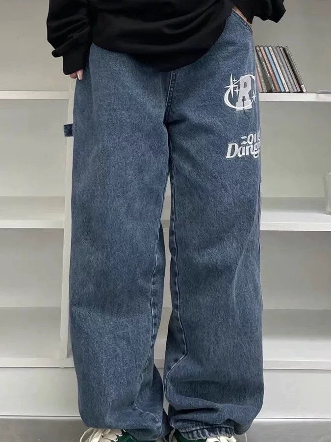 BAGGY JEANS WITH BOLD LETTER PRINTS - STRAIGHT LEG STYLE