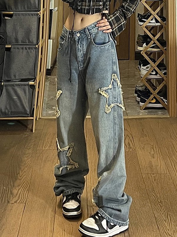 BAGGY STAR-CUTOUT JEANS WITH FRAYED STARS IN LOOSE FIT STYLE