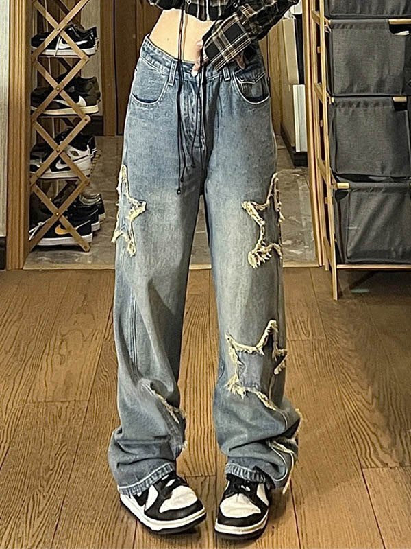 BAGGY STAR-CUTOUT JEANS WITH FRAYED STARS IN LOOSE FIT STYLE