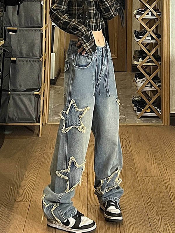 BAGGY STAR-CUTOUT JEANS WITH FRAYED STARS IN LOOSE FIT STYLE