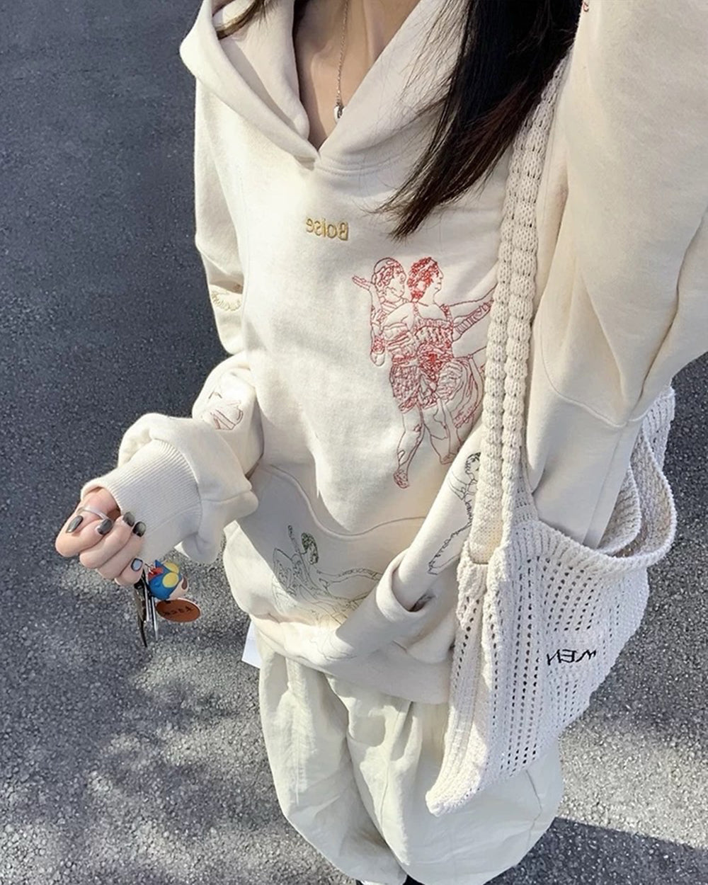 BALLET CREAM HOODIE MINIMALIST AESTHETIC EMBROIDERY HOODIE