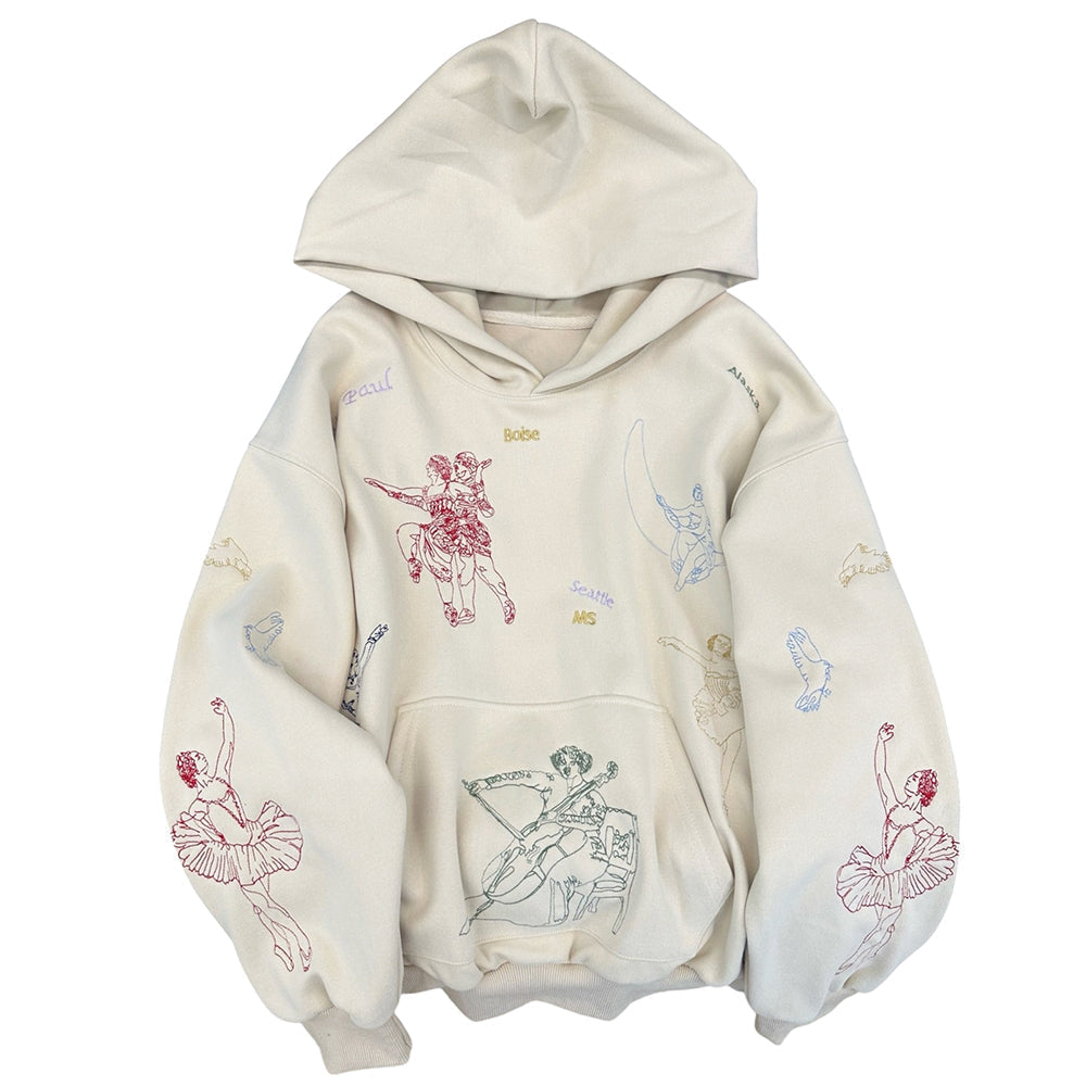 BALLET CREAM HOODIE MINIMALIST AESTHETIC EMBROIDERY HOODIE