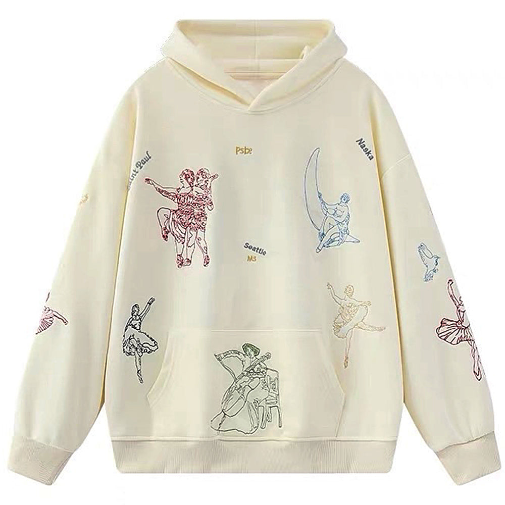 BALLET CREAM HOODIE MINIMALIST AESTHETIC EMBROIDERY HOODIE
