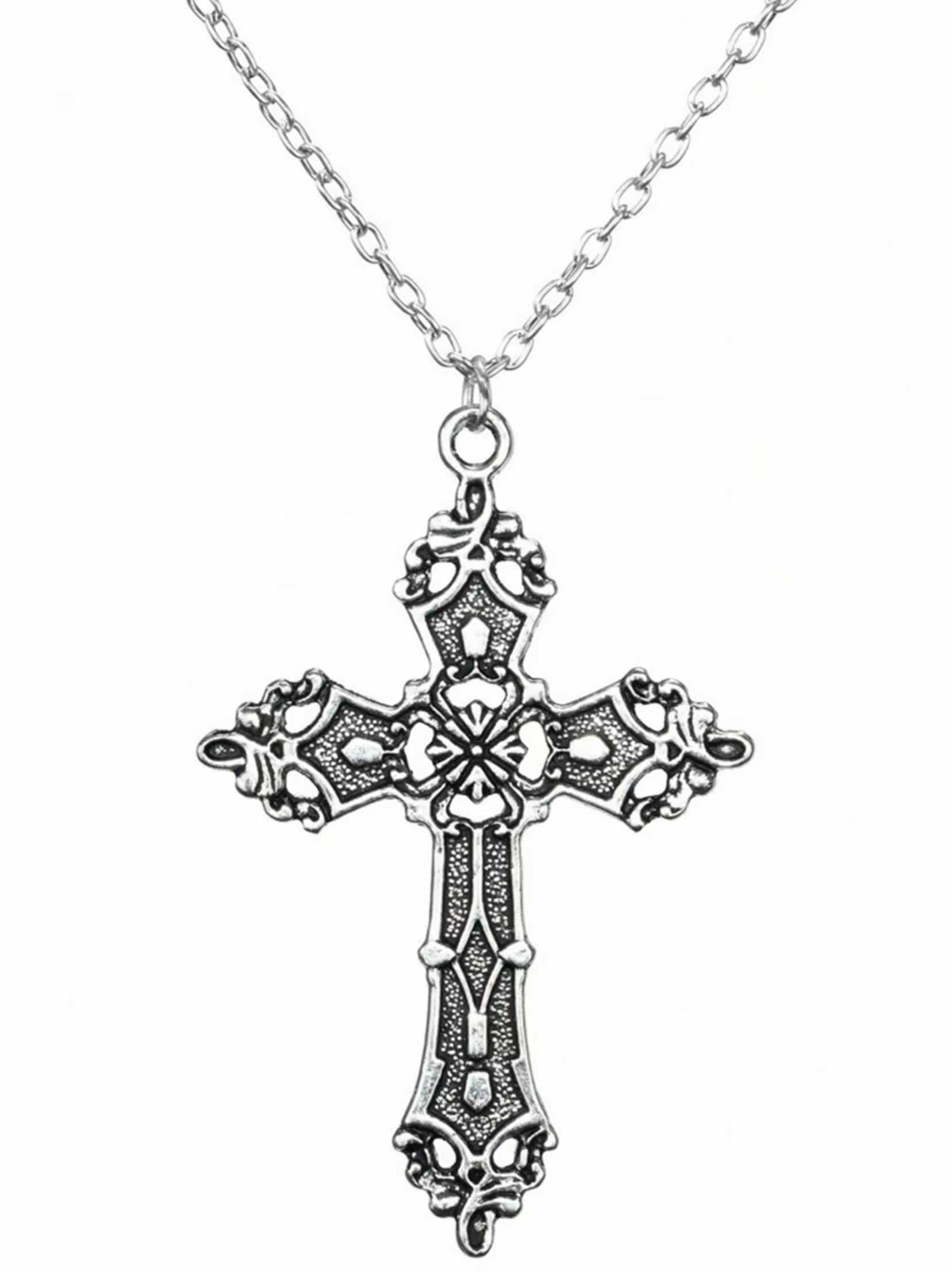 BAROQUE CROSS NECKLACE - SILVER ORNATE CROSS PENDANT DESIGN