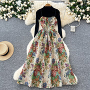 Vintage Court Jacquard Sling Dress - Embroidered Slip Midi, Women's Layering Knitting Top