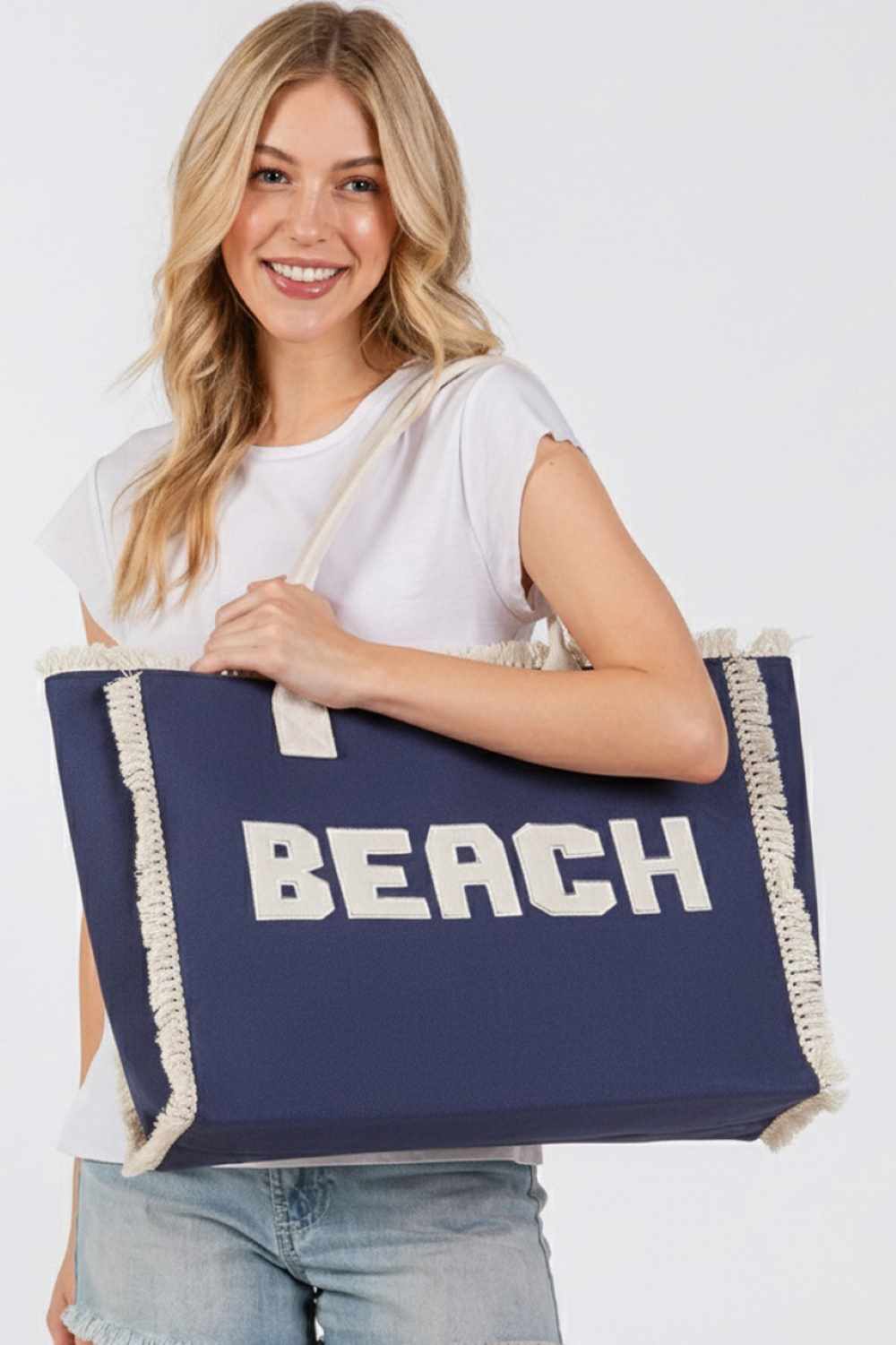 BEACH Embroidered Letter Fringe Summer Tote Bag