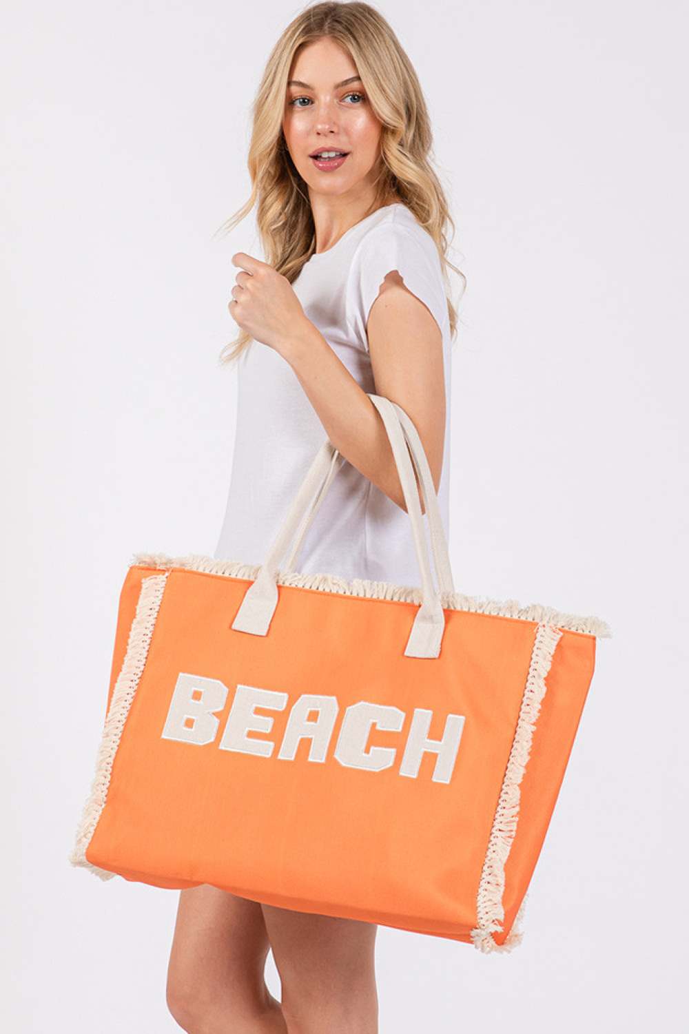 BEACH Embroidered Letter Fringe Summer Tote Bag