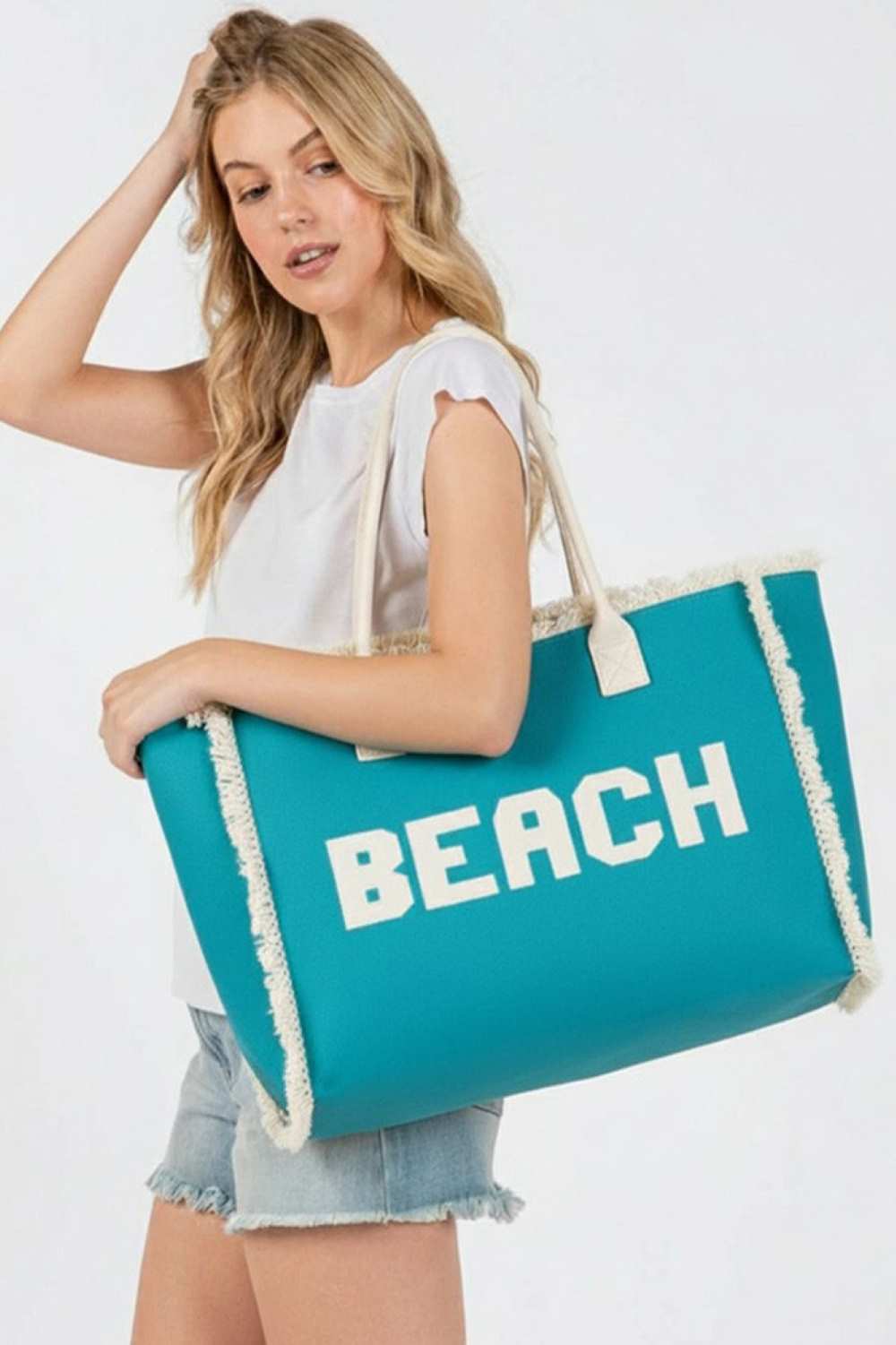 BEACH Embroidered Letter Fringe Summer Tote Bag