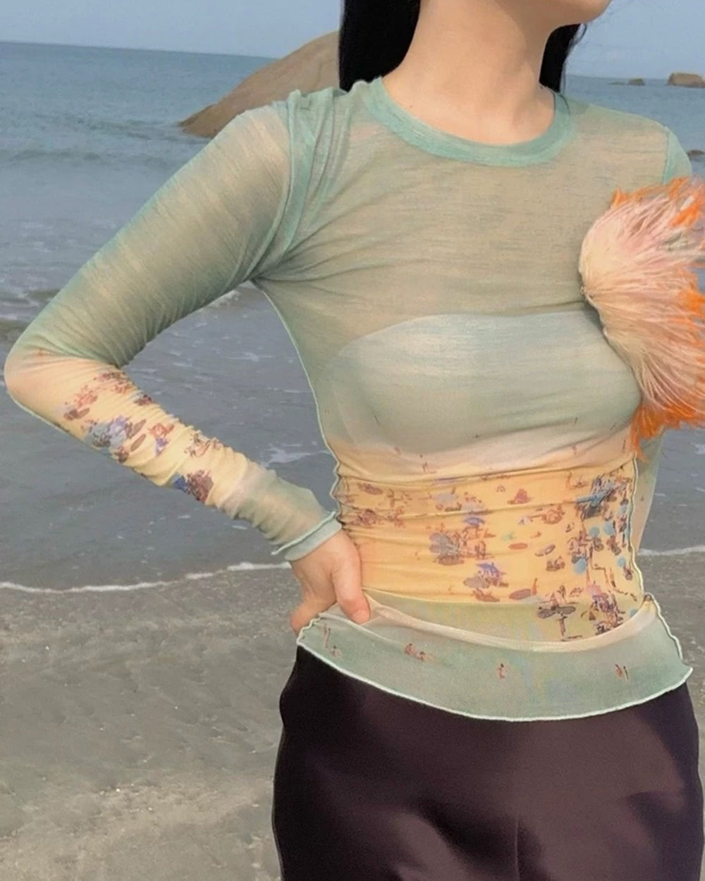 BEACH PRINT MESH TOP: SEASIDE SHEER