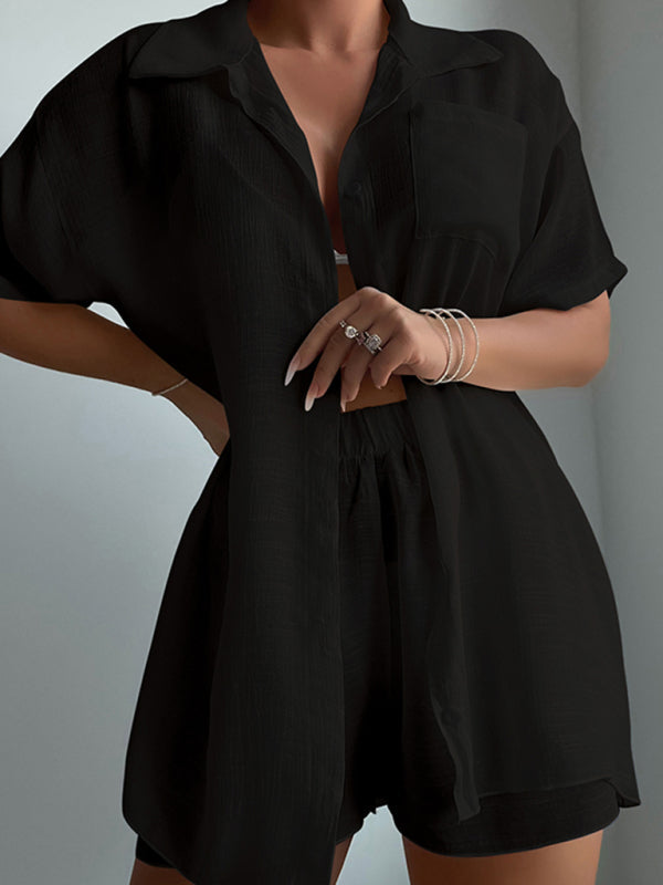 Beach vacation loose sun protection clothing swimsuit cover-up short-sleeved shirt set - Black / FREESIZE