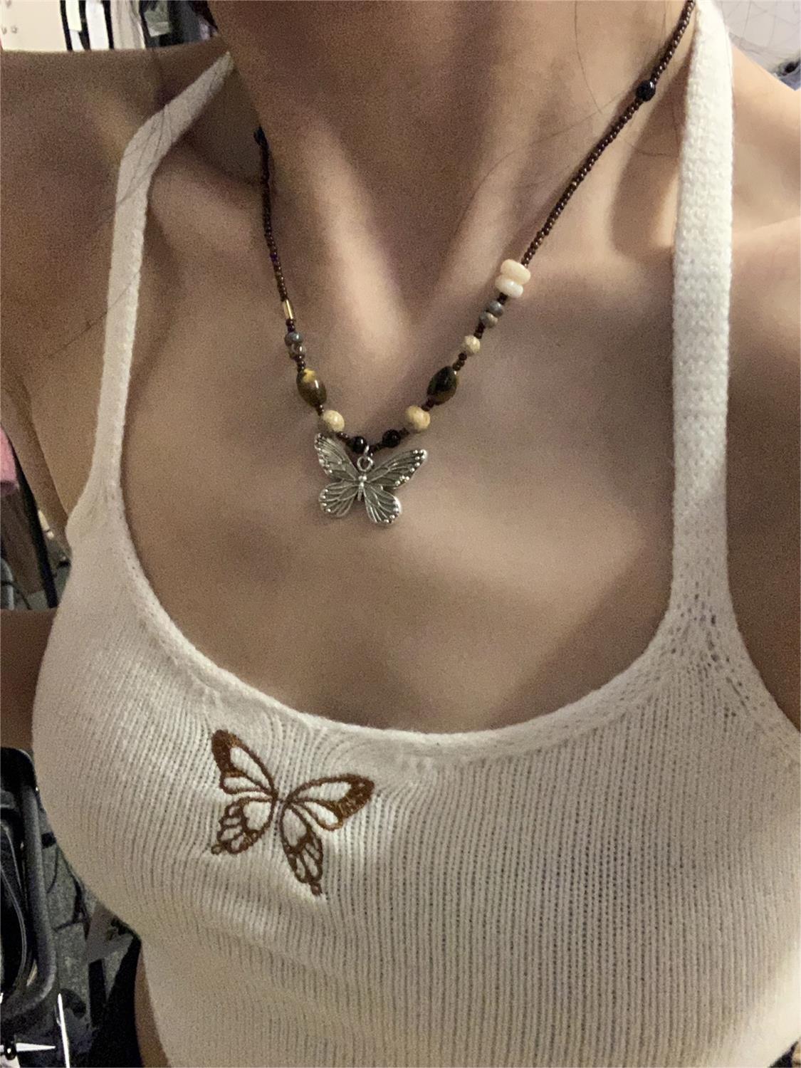BEADED NECKLACE WITH BUTTERFLY PENDANT - CUTE BUTTERFLY BEAD NECKLACE