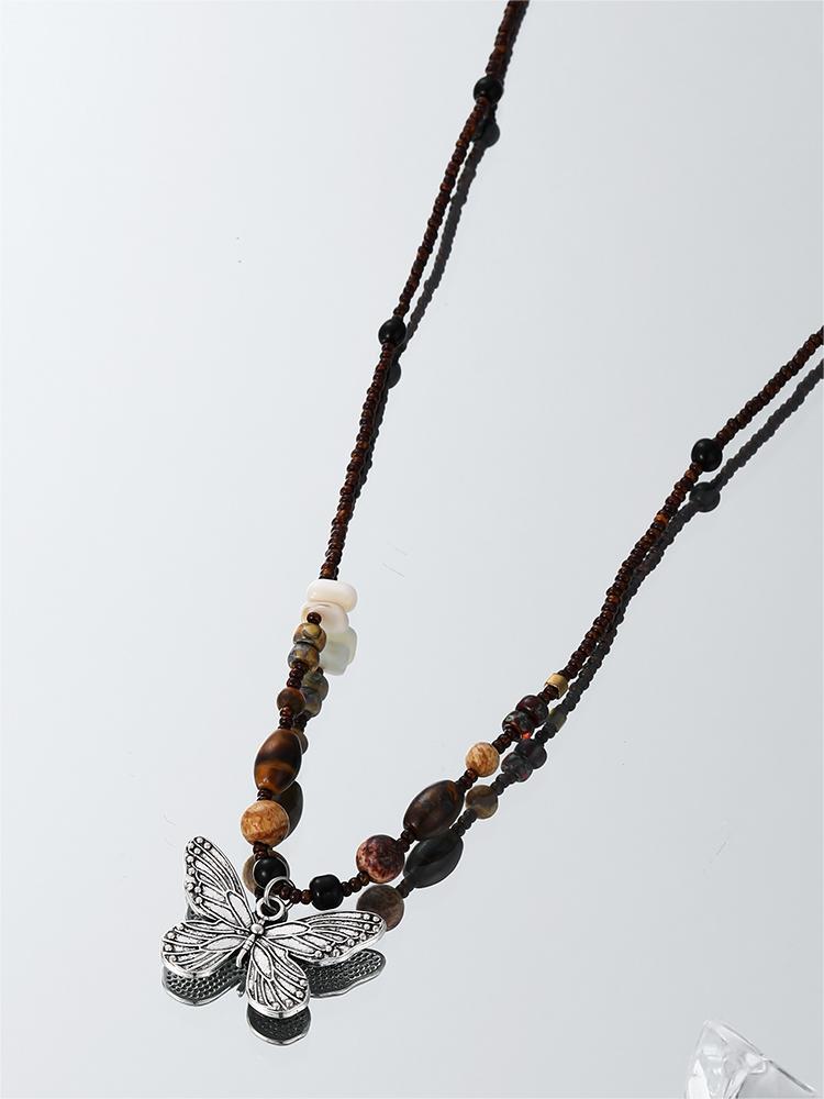 BEADED NECKLACE WITH BUTTERFLY PENDANT - CUTE BUTTERFLY BEAD NECKLACE