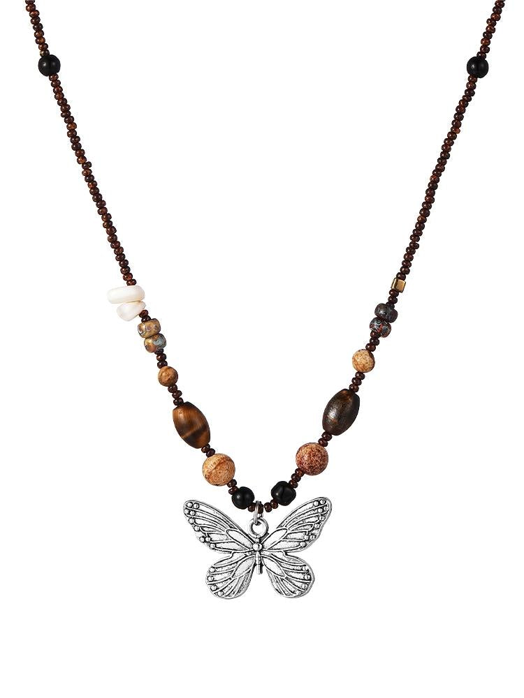 BEADED NECKLACE WITH BUTTERFLY PENDANT - CUTE BUTTERFLY BEAD NECKLACE
