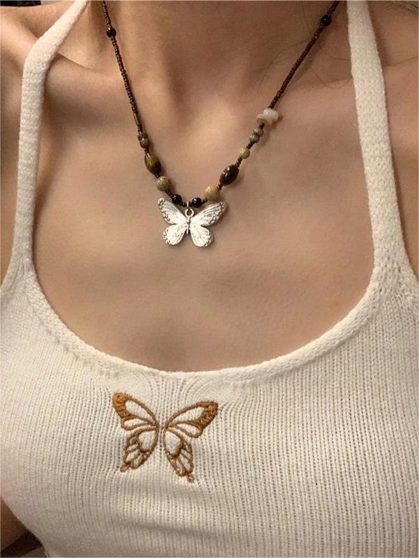 BEADED NECKLACE WITH BUTTERFLY PENDANT - CUTE BUTTERFLY BEAD NECKLACE