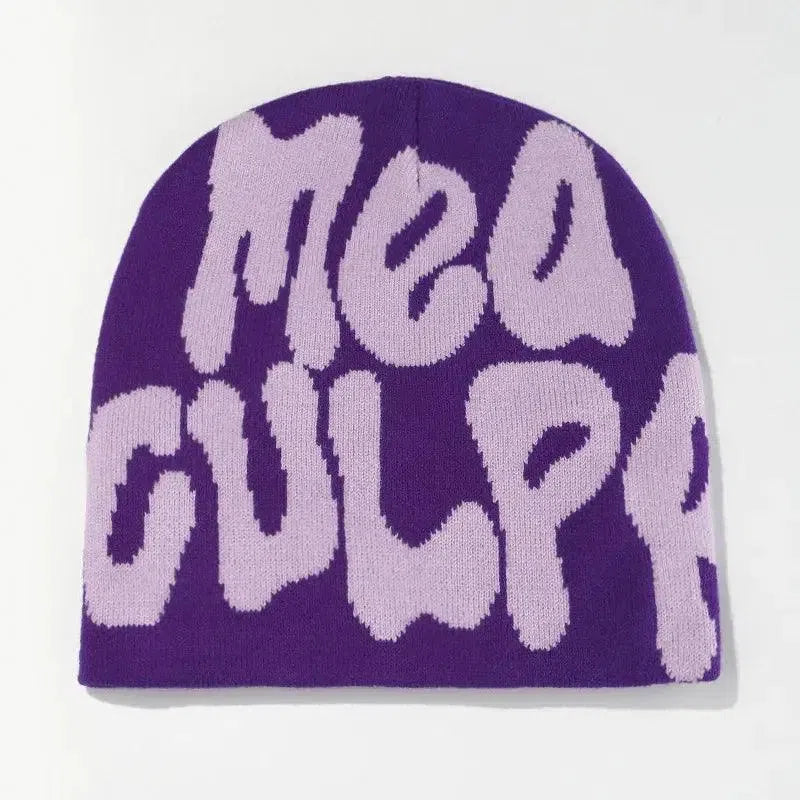 Purple knit beanie featured in MEA CULPA BEANIE - Black and White Patterned Culpa Beanie